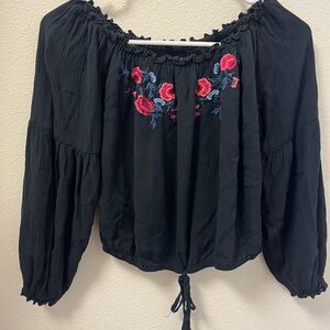 Hollister Black Off-Shoulder Top with Red Rose Embroidery